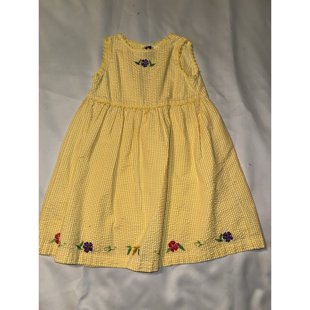 Youngland Girls Sz 6x Yellow Gingham Dress Embroidered Spring Flowers Seersucker